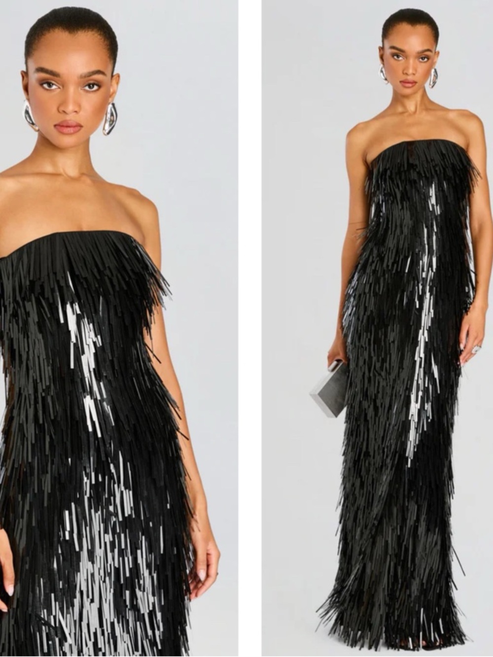 RETROFETE Silia Sequin Embellished Fringe Strapless Black Maxi Dress Size XS